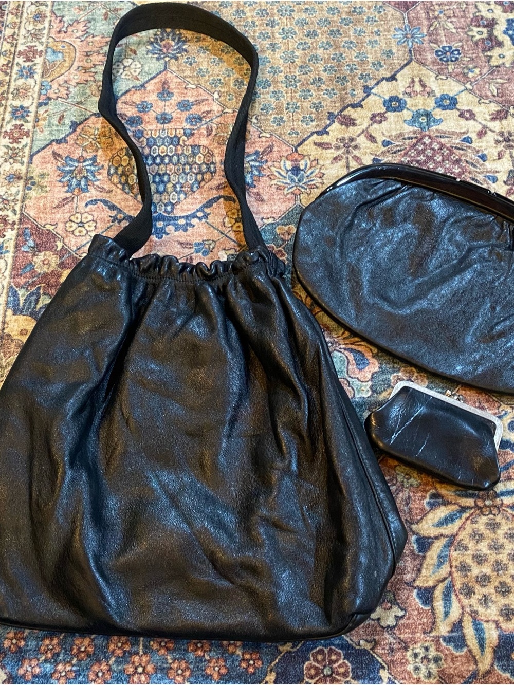 Vintage Black Leather Shoulder Bag with Matching Pouche,coin holder BUNDLE